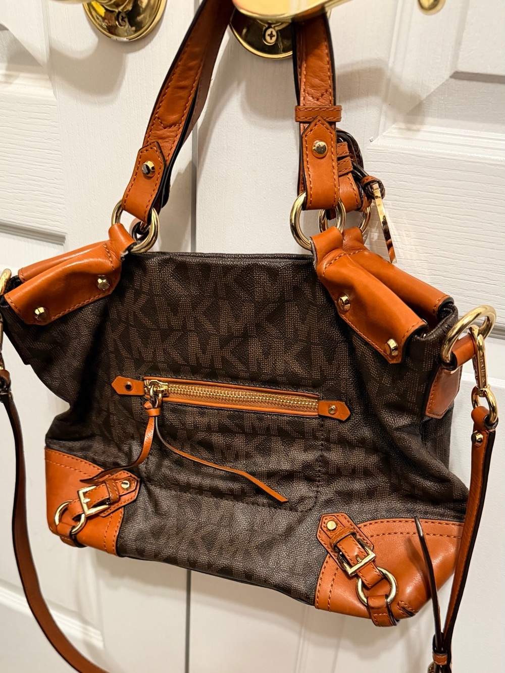 Michael Kors Brown & Tan MK Signature Shoulder Bag with Crossbody‎ Strap